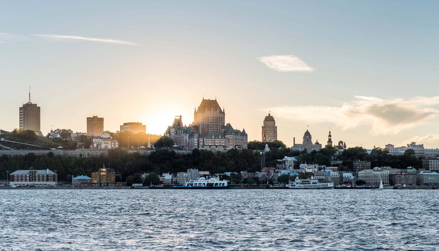 Sunset and panoramic view of Old Québec, from Lévis in summer.