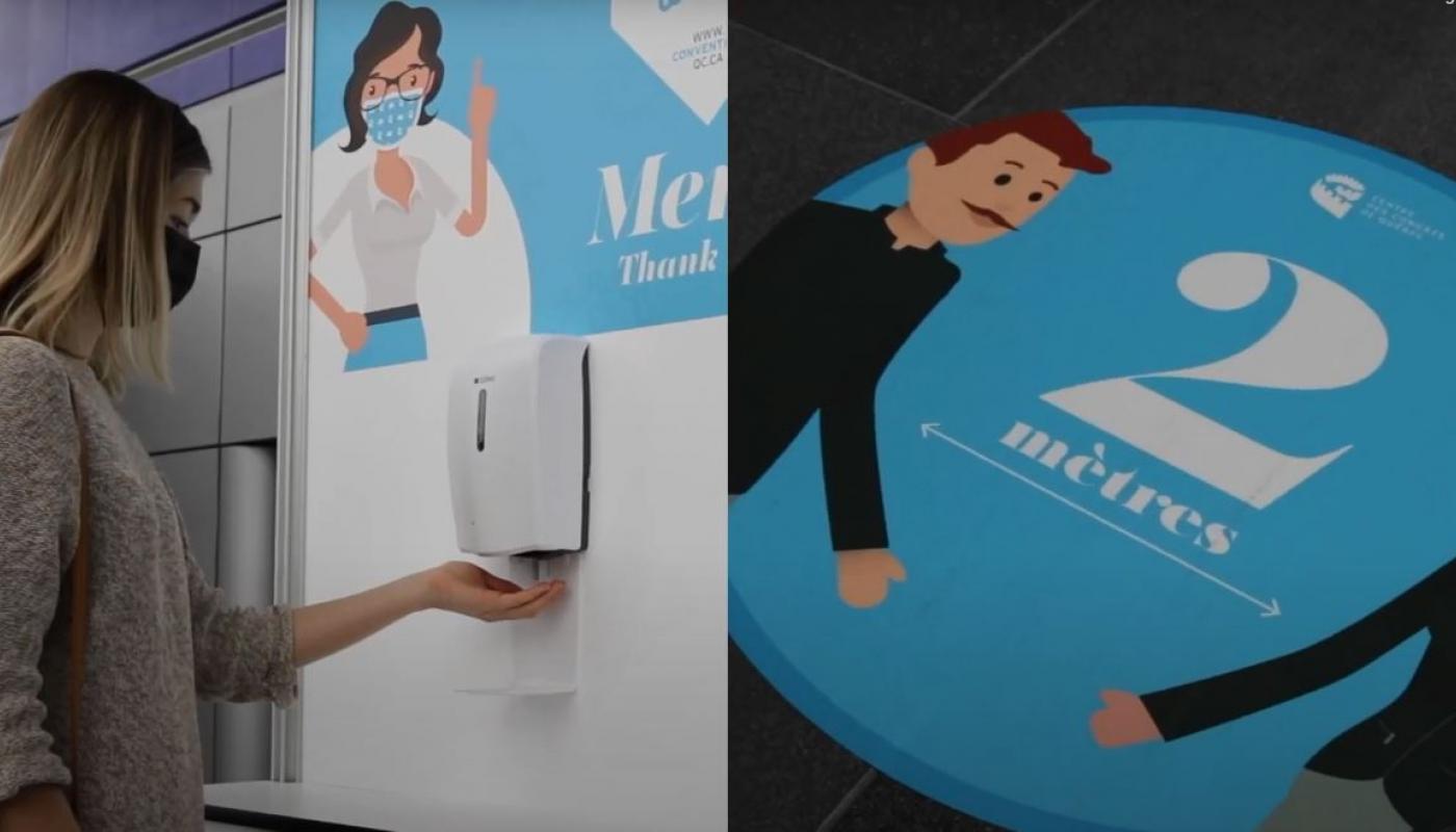 Fille qui porte un masque et qui se désinfecte les mains