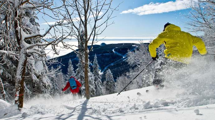 Two skiers hurtle down the alpine ski slopes at the Massif de Charlevoix.