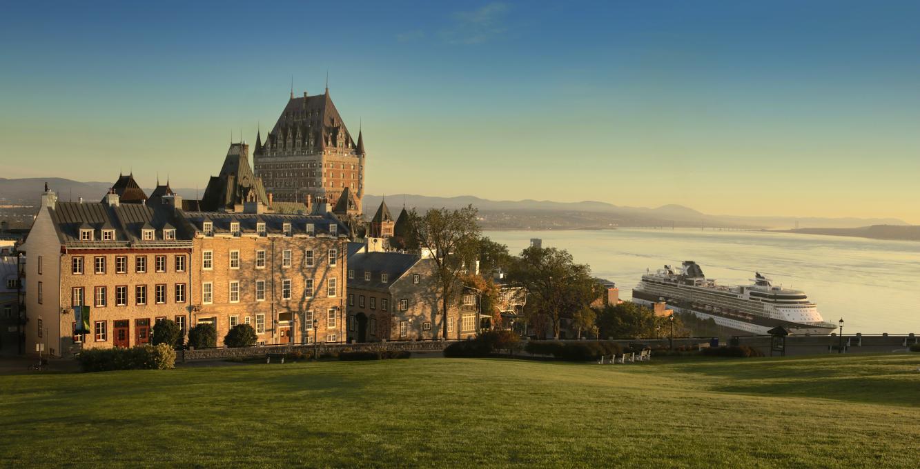 View of Château Frontenac and the river with a cruise ship