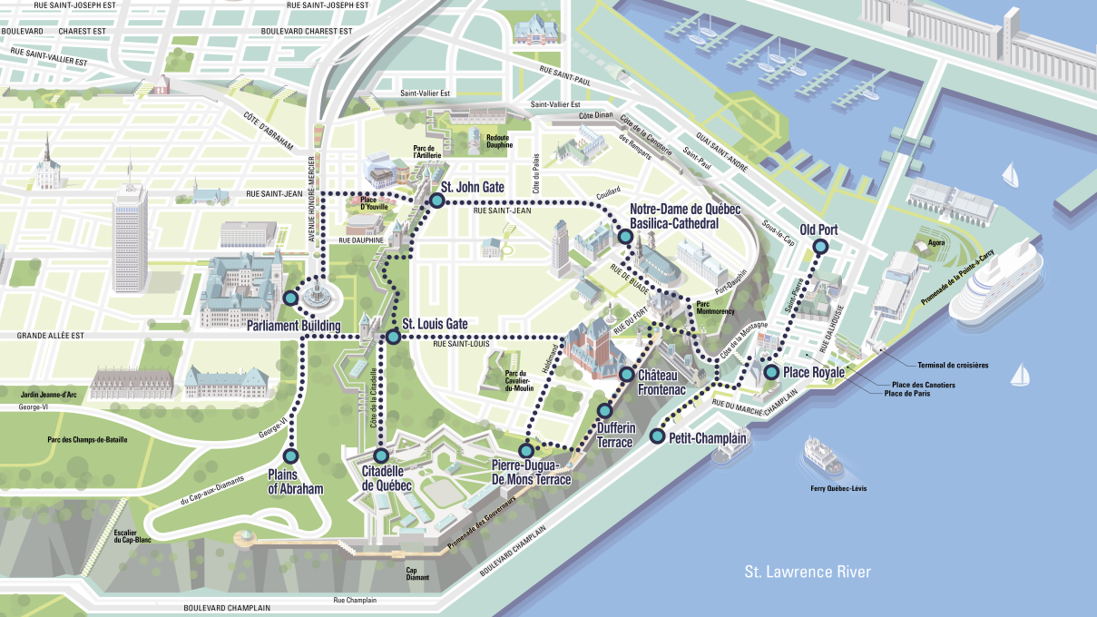 Quebec City walking tour map including the attractions