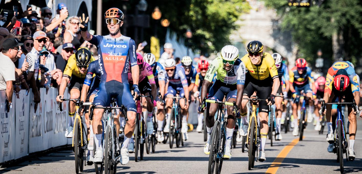 Cyclists at the finish line.