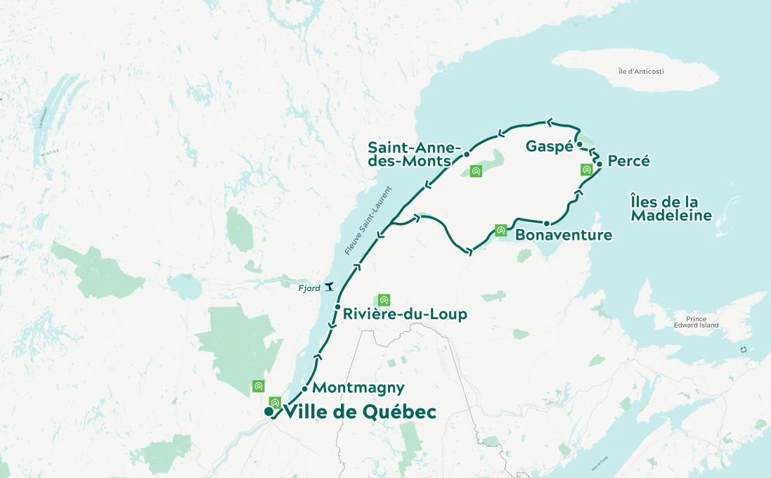 Carte itinéraire rive sud du fleuve Saint-Laurent au Québec