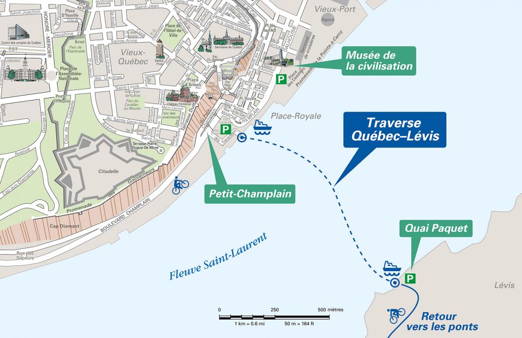 Carte du Vieux-Québec avec trajet du traversier
