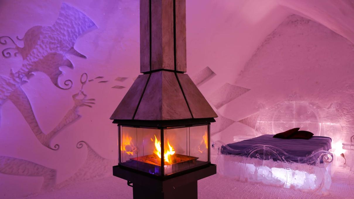 Ice Hotel room with fireplace