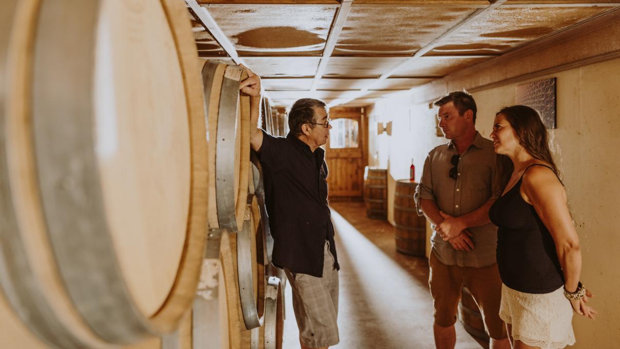 A couple visit an Ile d'Orléans wine cellar with a tour guide.
