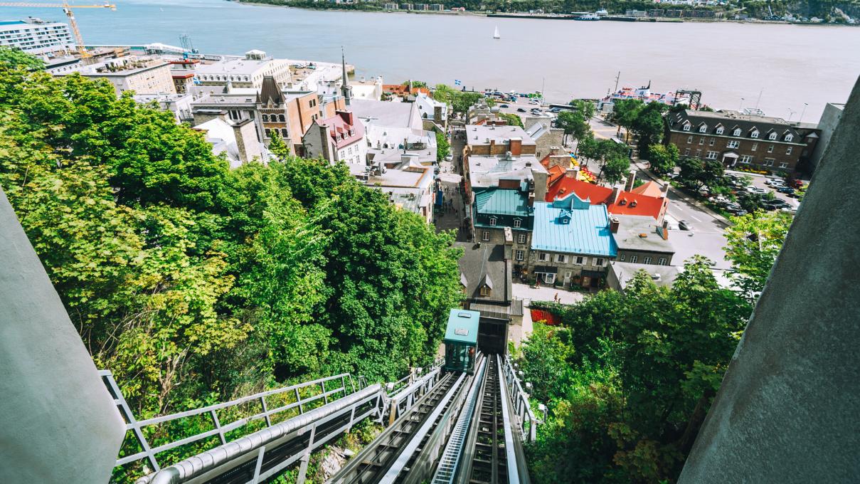 View of the St. Lawrence River and the Petit-Champlain district from the top of the Québec funicular.