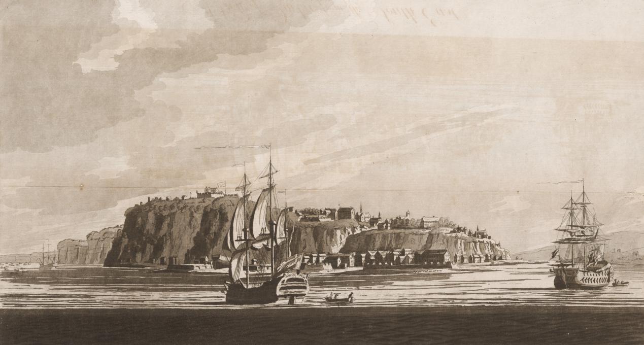 Archive image of a bird's eye view of Quebec City, with two ships in the foreground