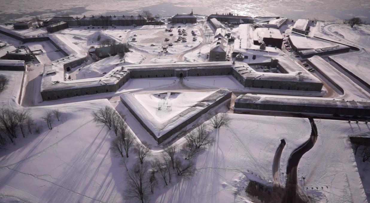 Aerial view of La Citadelle de Québec, near the St. Lawrence River, in winter.