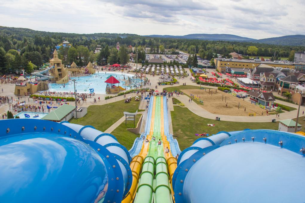 View of the outdoor water park of the Village Vacances Valcartier, from the top of the Turbo slide.