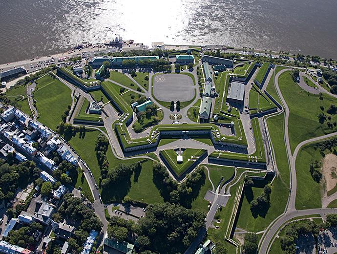 Aerial view of La Citadelle de Québec, near the St. Lawrence River, in summer.