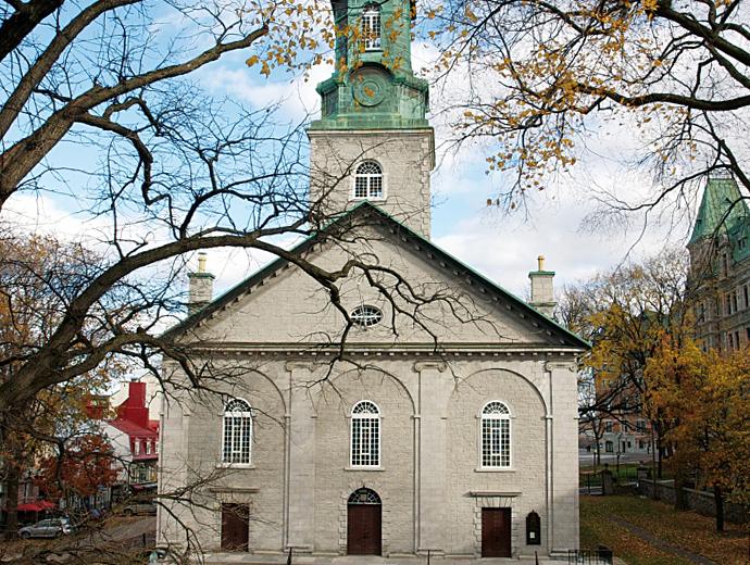 Exterior facade of Holy Trinity Cathedral, in Old Québec, in autumn.