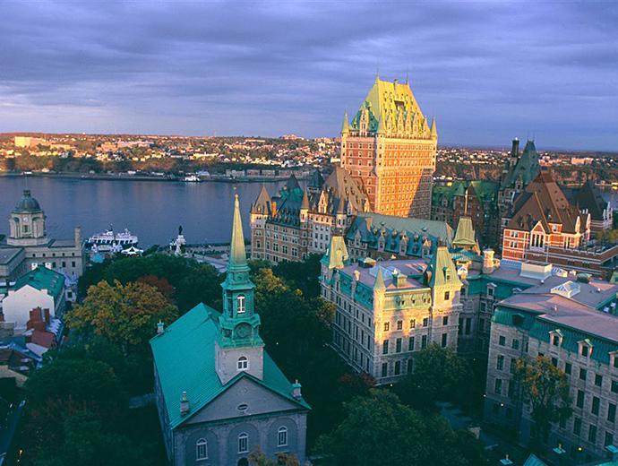 Aerial view in summer of Holy Trinity Cathedral and Fairmont Le Château Frontenac.
