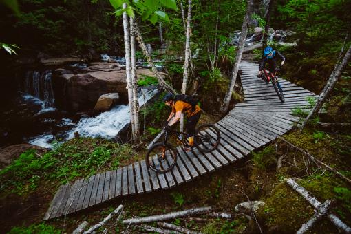 Deux cyclistes en vélo de montagne dans un sentier dans la forêt, dans la Vallée Bras-du-Nord.