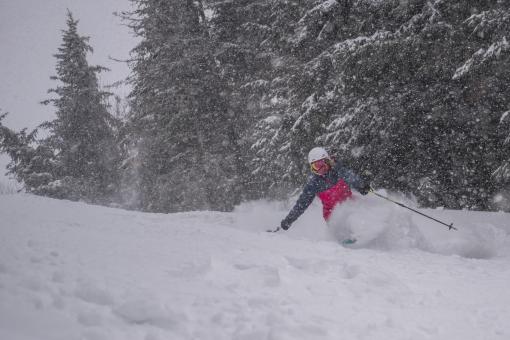 A person is downhill skiing in powder snow at Mont-Sainte-Anne.