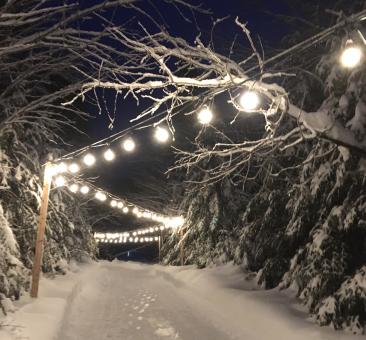 Sentier glacé illuminé en soirée dans le Parc national de la Jacques-Cartier.