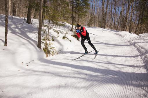 A skier is cross-country skiing on the trails of the Station touristique Duchesnay.