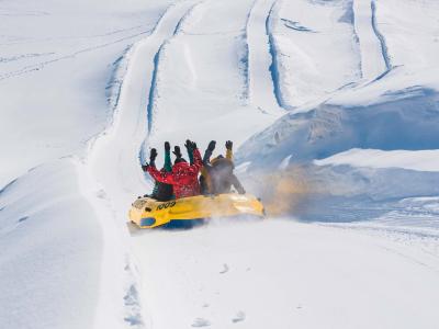 A group is rafting on snow at the Village Vacances Valcartier, near Québec City.