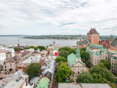 Aerial view of Old Québec, Holy Trinity Church, Notre-Dame de Quebec Basilica-Cathedral and Château Frontenac.