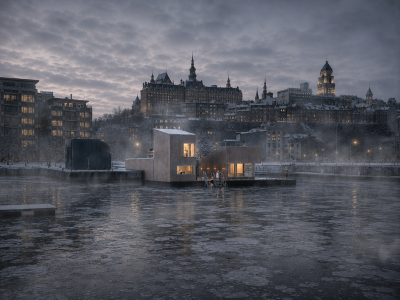 Sauna flottant avec le Vieux-Québec en arrière plan