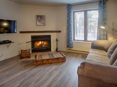 Chalets Montmorency au Mont Sainte-Anne - Salon condominium 2 chambres avec foyer