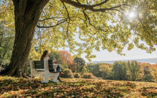 Girl sitting on a bench on the Plains of Abraham in autumn