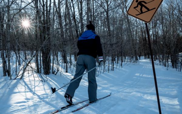 Un skieur fait du ski de fond dans les sentiers du Parc naturel régional de Portneuf.