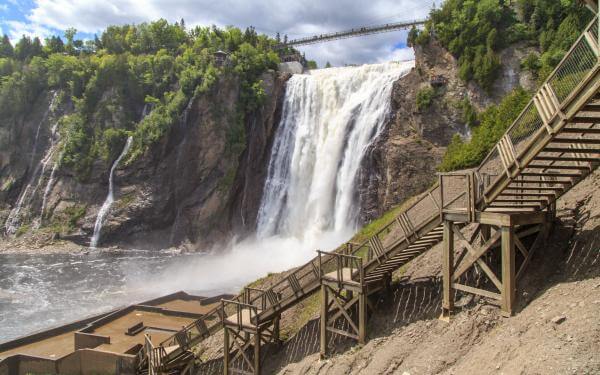 View of the waterfall and the stairs at Parc de la Chute-Montmorency.