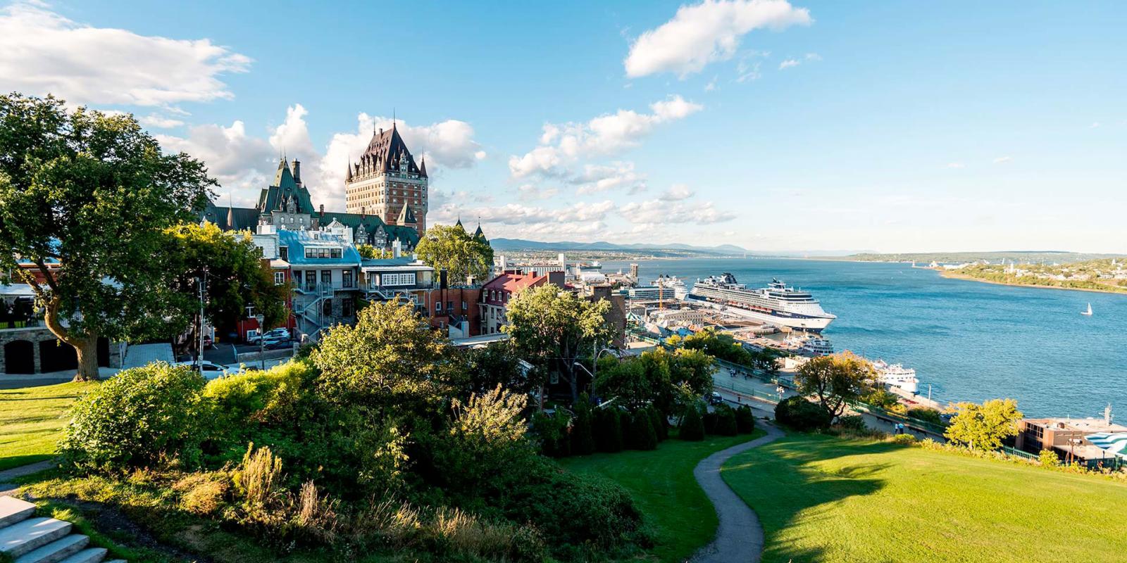 View of the Dufferin terrace, the Château Frontenac, the Old Port and the river from the Pierre-Dugua-De Mons terrace.