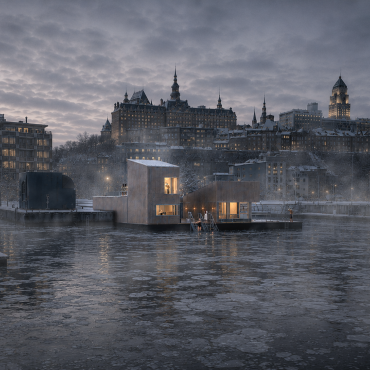 Sauna flottant avec le Vieux-Québec en arrière plan